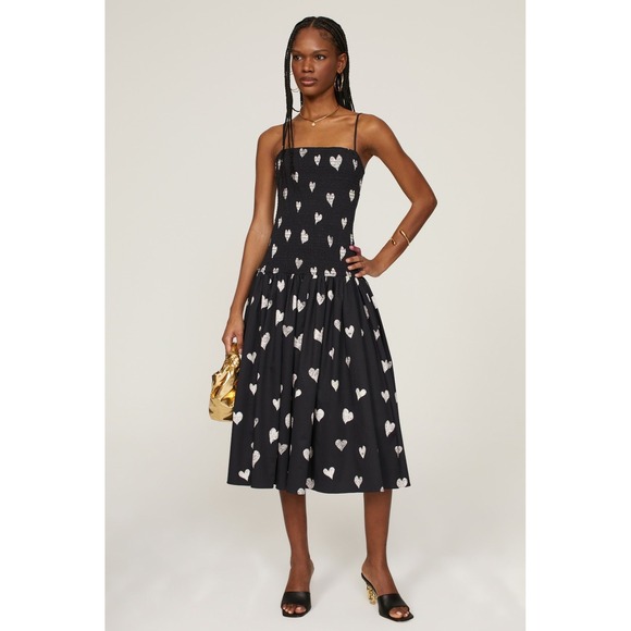 Autumn Adeigbo Dresses & Skirts - Autumn Adeigbo Winnie Dress Sz 0 Black White Heart Print Smocked‎ Midi Feminine